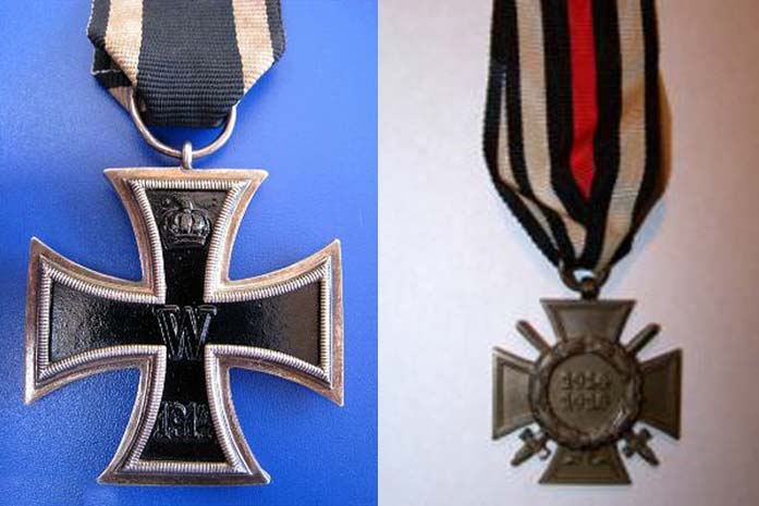 Left: 1914 Iron Cross, right: Ehrenkreuz fuer Frontkaempfer. Alt image: Clasp to Iron Cross, 1st Class.